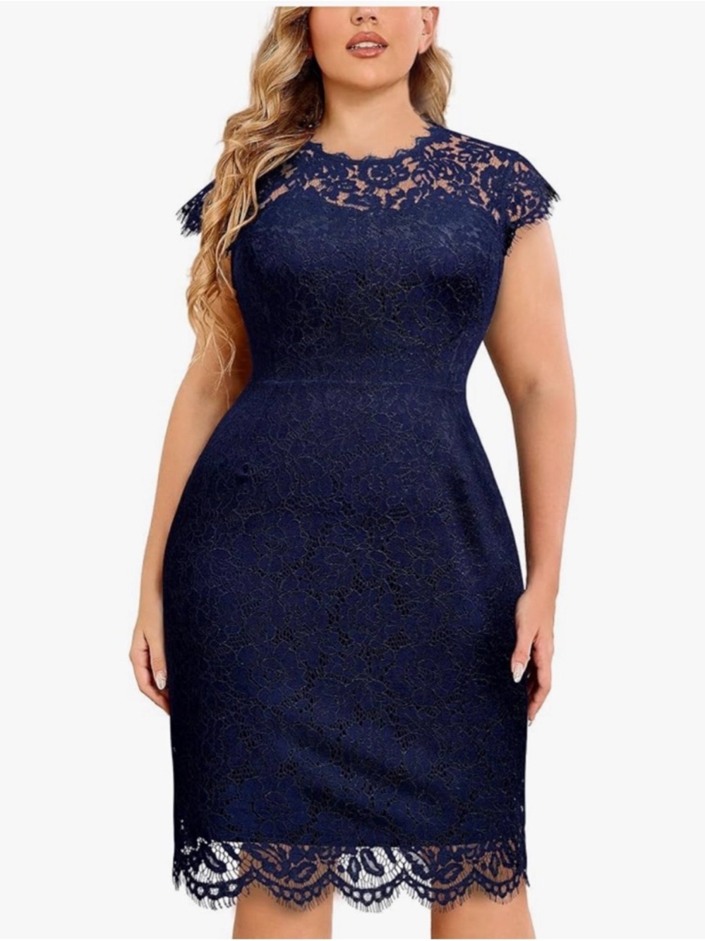 Miusol Navy Lace Cap-Sleeve Midi Dress 4xl